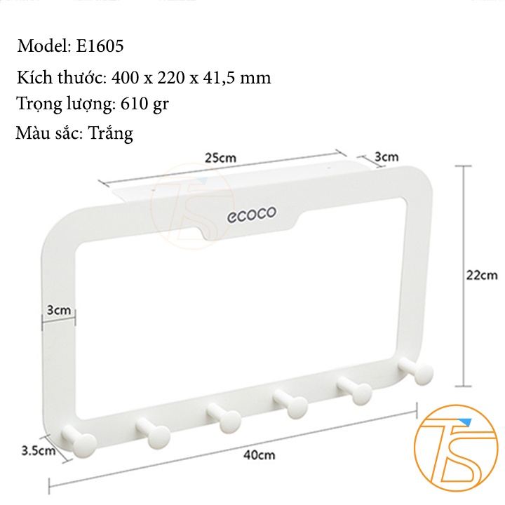 Móc Treo Đồ Sau Cửa 6 Móc Ecoco E1605 - Giá Dán Sau Cửa Treo Quần Áo Nón Tiện Lợi