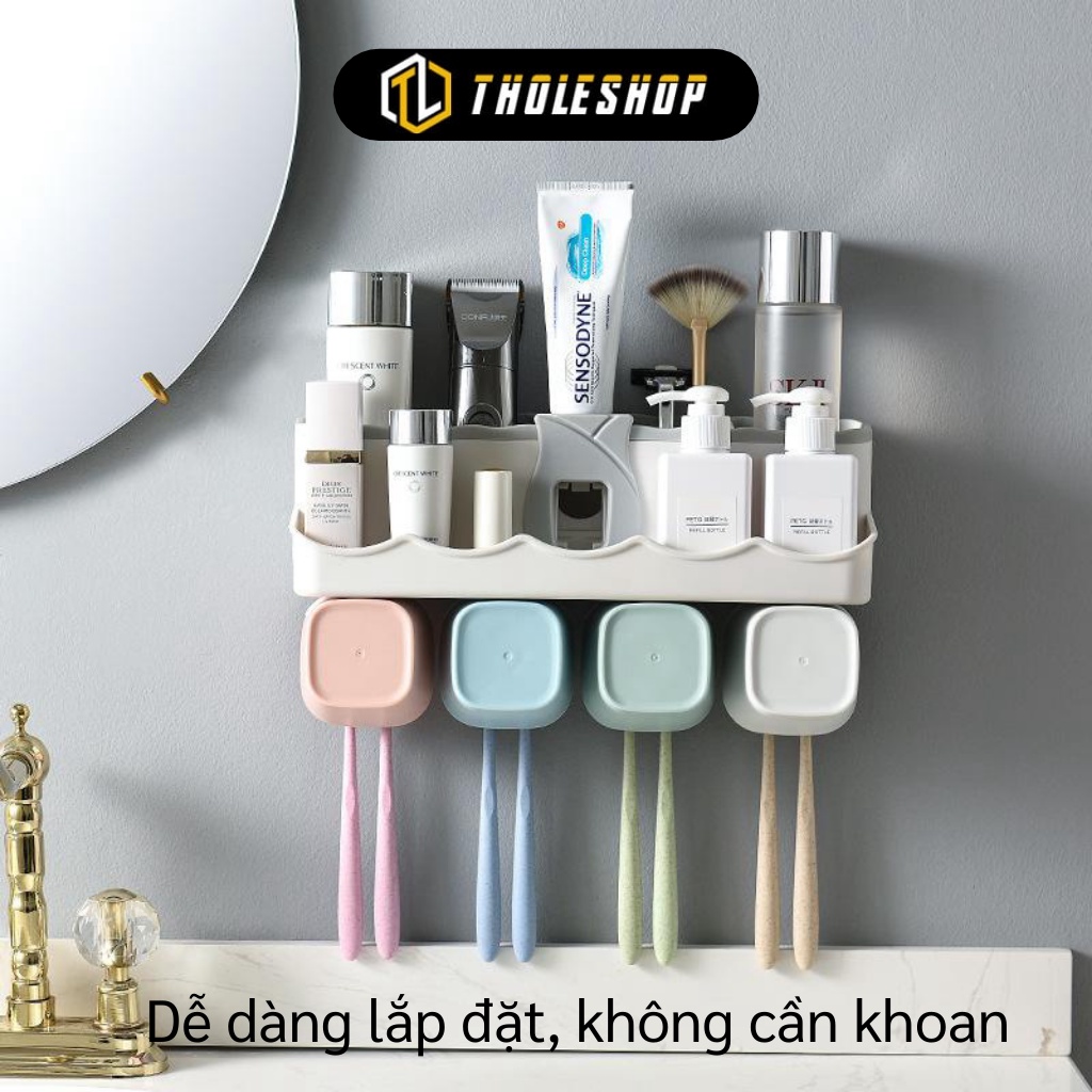 Kệ Để Đồ Nhà Tắm - Bộ Nhả Kem Đánh Răng Tự Động, Giá Treo Bàn Chải Kèm 4 Cốc 8149