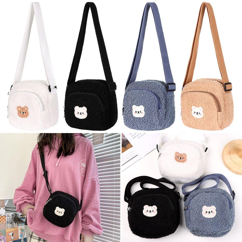 EBINLANDS Túi Đeo Chéo Đựng Điện Thoại Có Khóa Kéo Phối Lông Xinh Xắn