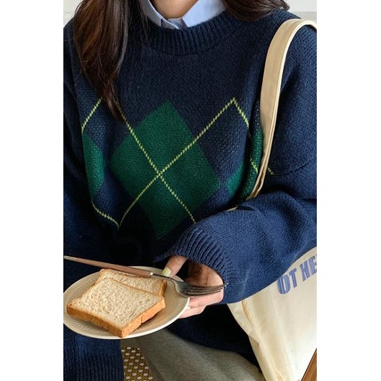 Áo len SUXI cổ tròn dáng rộng họa tiết sọc caro thiết kế mới thời trang mùa thu theo phong cách hàn quốc cho nữ
