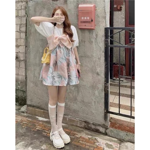 Đầm Dự Tiệc 2 Dây Gấm Nơ Kim Sa Cực Xinh