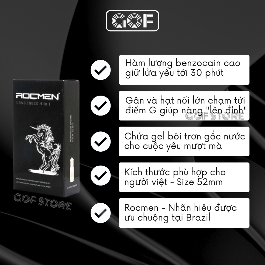 Bộ 2 Bao cao su gai Rocmen Long Shock kéo dài thời gian Hộp 12C bcs gai tặng Bao cao su Azodra – GoF Store