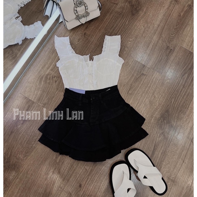 Xả hàng - Chân váy bò tầng giả váy hàng QC, Chân váy xòe vải jean CV971 - NhiNhi Shop
