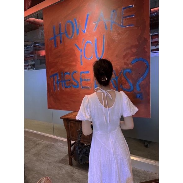 Đầm maxi trắng dáng dài tay phồng, Váy maxi dáng dài tay phồng màu trắng siêu xinh chất đũi nhún