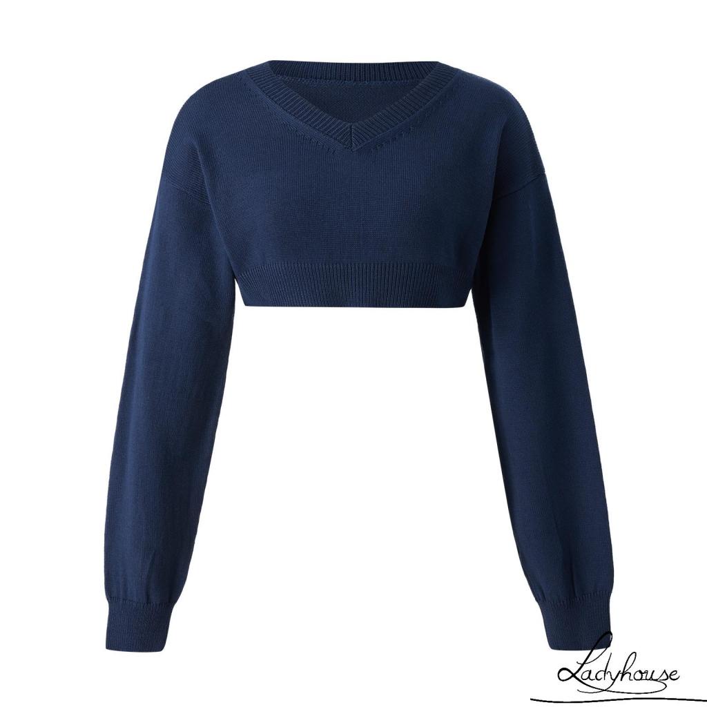 Áo Croptop Dệt Kim Cổ Chữ V Tay Dài Lồng Đèn Màu Sắc Đơn Giản Dành Cho Nữ