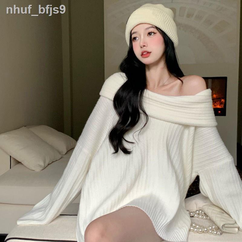 ♨◘Mùa thu Khăn quàng cổ không dây đeo cổ áo len nữ Áo len đan một chữ Có cổ trên cùng Áo len chui đầu dài