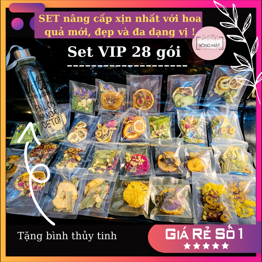 [SALE] Set 28 gói trà detox hoa quả sấy khô giảm cân Sunie + tặng kèm bình 500ml + 2 gói xông mặt thảo dược