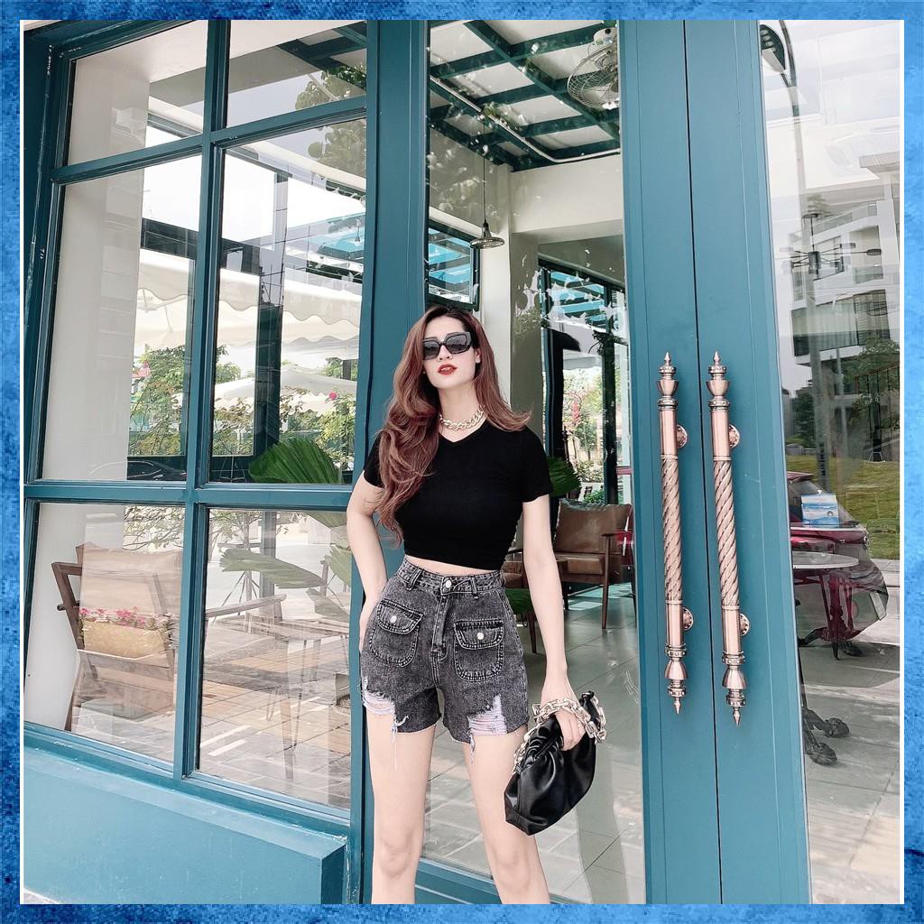 [Jeans nữ thiết kế] Quần sooc bò rách, quần shorts jeans lưng cao, túi nắp 1 khuy. Mã S7095 | BigBuy360 - bigbuy360.vn