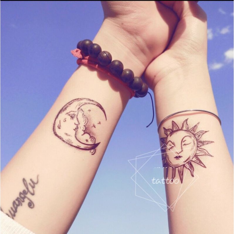 Hình xăm dán tạm thời hình mặt trăng mặt trời MHT47 - tatoo sun moon size bàn tay to, kích thước 12x15cm