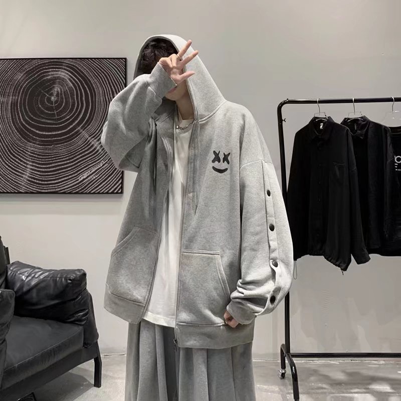 Áo Khoác Cardigan Có Mũ Trùm Đầu Dáng Rộng Họa Tiết Mặt Cười Thiết Kế Mới Thời Trang Xuân Thu Hàn Quốc Cho Nam
