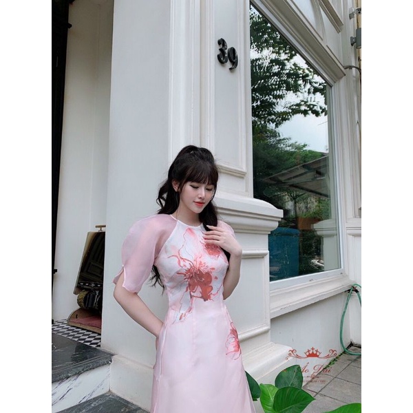🥰 Áo dài tơ ogana tay bồng sang chảnh cách điệu hàng thiết kế cao cấp . ảnh thật 100%