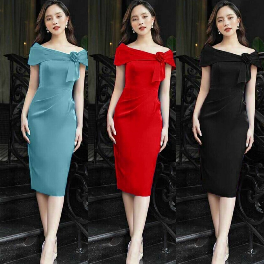 Đầm ôm trễ vai bông ngực nơ hàng thiết kế sang trọng - YB220719