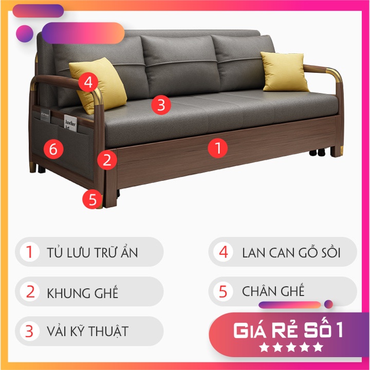 Sofa Giường Thông Minh tay gỗ tư nhiên - Ngăn Lưu Trữ Rộng Rãi - Gấp Gọn Tuỳ Ý - Khung Thép Dày Chịu Tải Trọng Lớn.