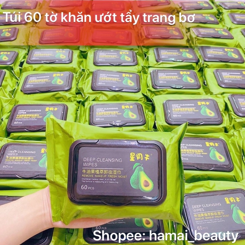 Túi 60 tờ khăn ướt tẩy trang bơ E408