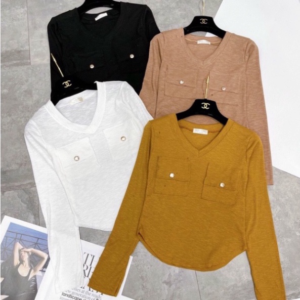 Áo thun nữ dài tay len tăm trơn cổ tim túi ngực ôm body tôn dáng sang chảnh mã A49-Có ảnh thật ONE UNISEX