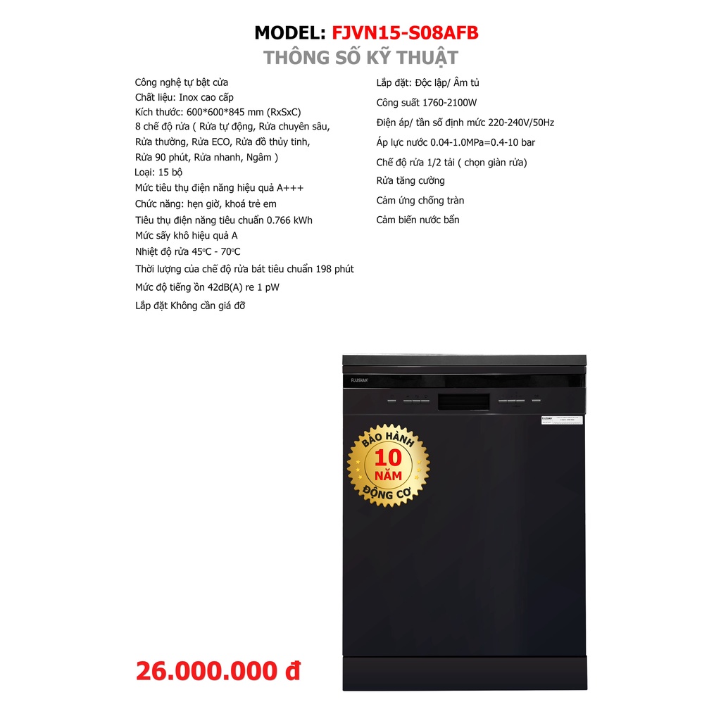 Máy rửa bát Fujishan FJVN15-S08AFB  - TẶNG VIÊN RỬA+MUỐI+BÓNG - MIỄN PHÍ VC LẮP ĐẶT