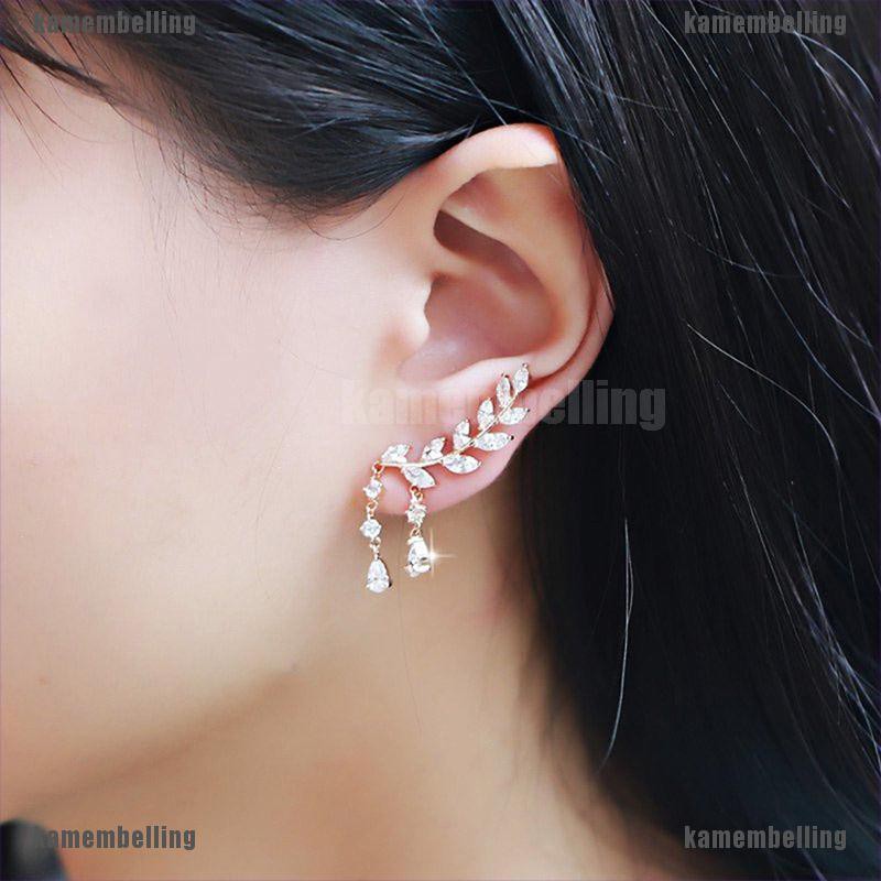 Bông tai tua rua hình chiếc lá đính đá zircon thời trang xinh xắn cho nữ
