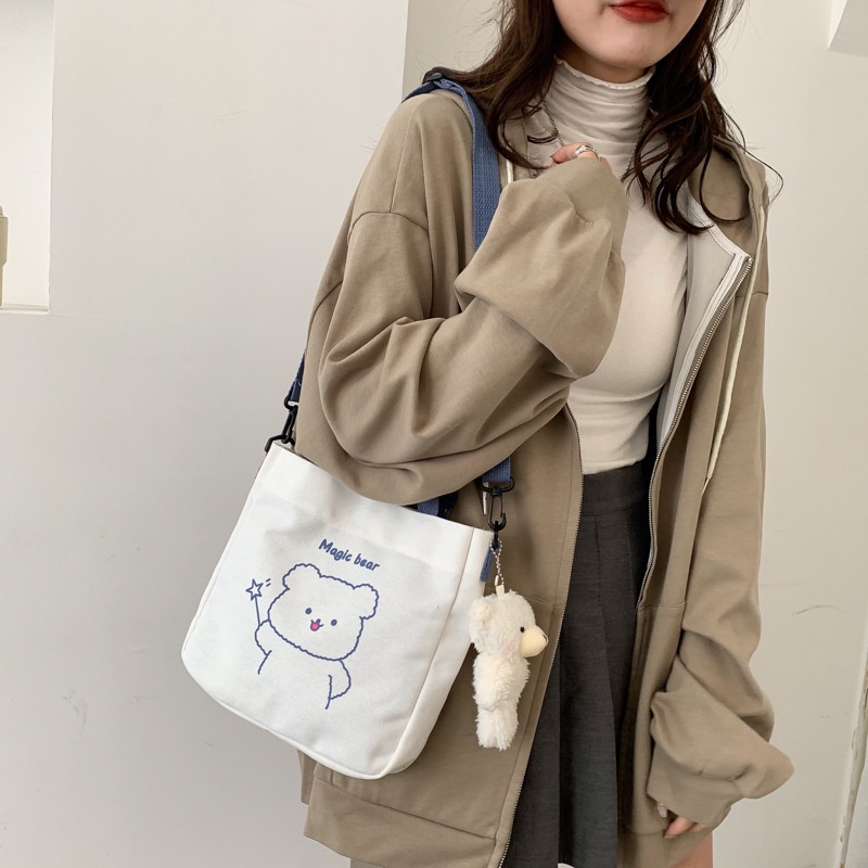 Túi Vải Đeo Chéo Canvas Nữ Có Quai Đeo Khóa Kéo Dáng Vuông Họa Tiết Hoạt Hình Công Sở Đi Học Làm Đựng Cơm