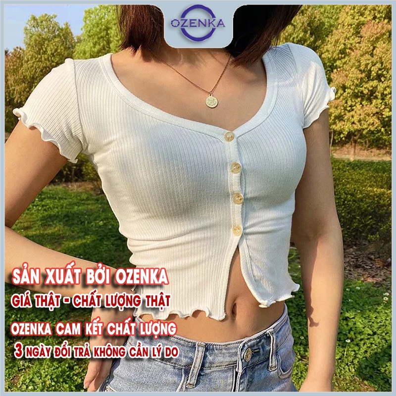 Áo croptop nữ kiểu ôm sexy cổ vuông cài khuy OZENKA , áo crt ngắn tay đẹp thun gân 100% cotton màu đen trắng dưới 55 cân