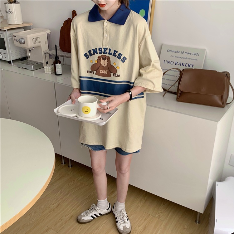 Áo polo Ngắn Tay Dáng Rộng In Hoạt Hình Gấu Kiểu Retro Cá Tính Cho Nữ