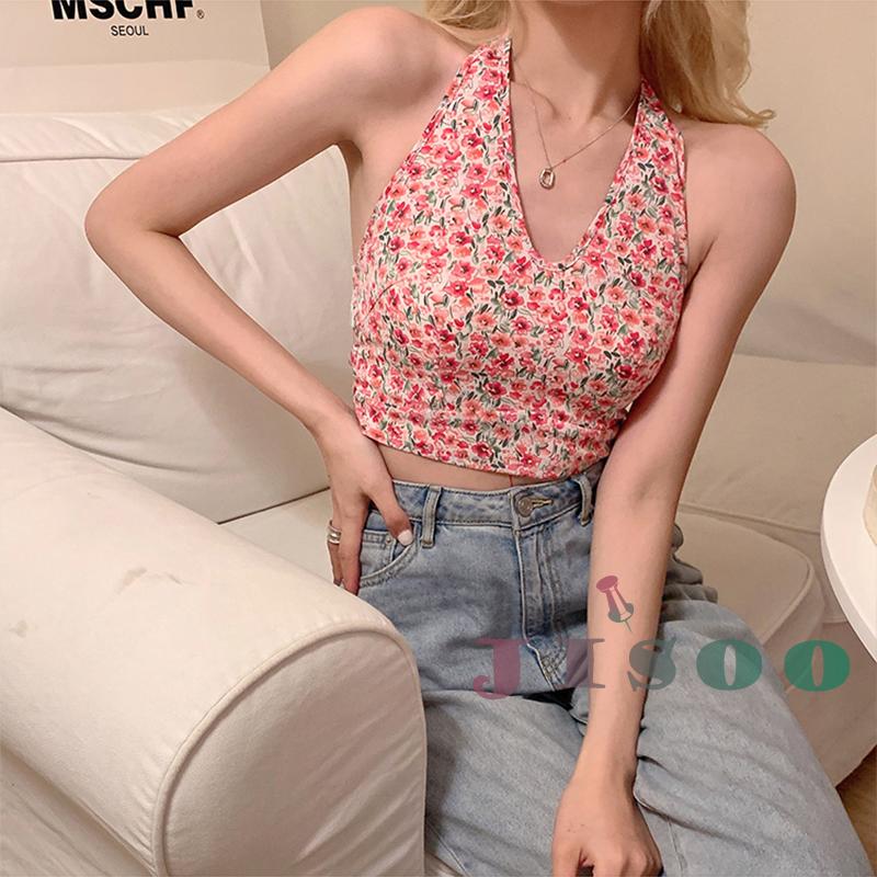 Áo Croptop Sát Nách Cổ Khoét Sâu Cột Dây In Họa Tiết Hoa Thời Trang Mùa Hè Cho Nữ