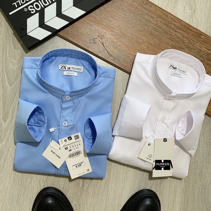 Áo sơ mi nam ZR cổ trụ tay dài Sơ mi trơn cổ tàu trắng - xanh công sở Cotton hạt cao cấp ít nhăn form đẹp | HunKen Store