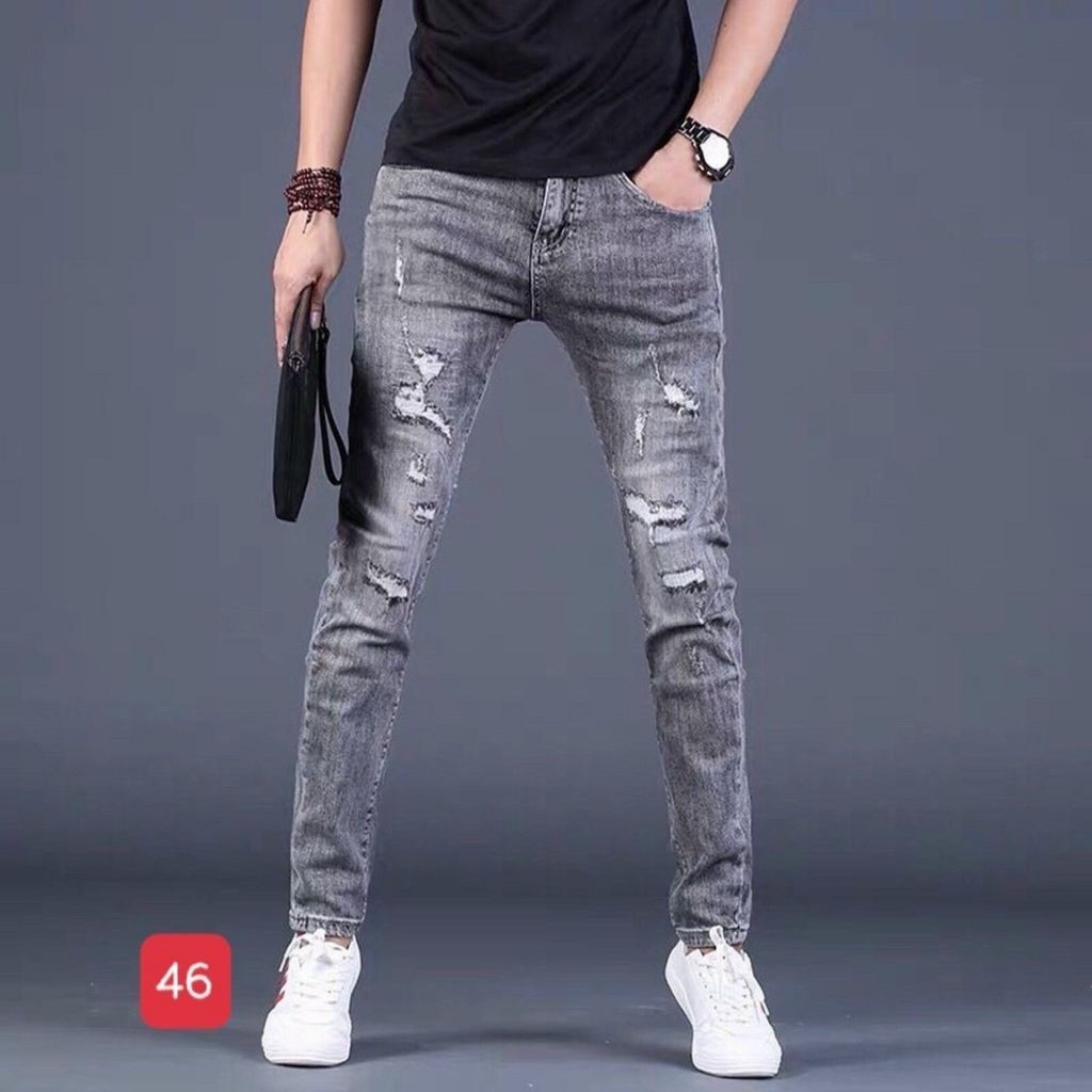 Quần Jean Nam Chất Bò Xám Bạc Rách Ống Skinny Hàng Xịn Chuẩn Shop