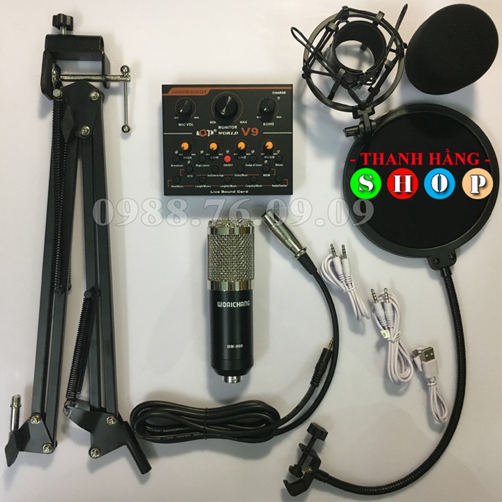 Trọn Bộ Combo Mic Thu Âm BM900 Woaichang Sound card V9
