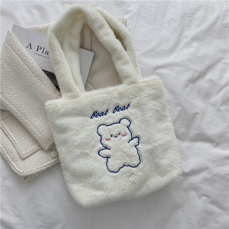 Túi đeo vai phủ lông sức chứa lớn màu trơn phong cách Nhật Bản ngọt ngào cho phụ nữ