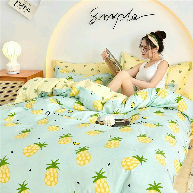 Bộ chăn ga gối drap giường chất cotton poly họa tiết dứa vàng nền xanh