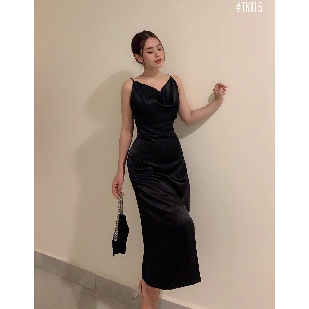 Đầm Hai Dây Cổ Đổ Sexy Phi Lụa Màu Đen Đi Tiệc