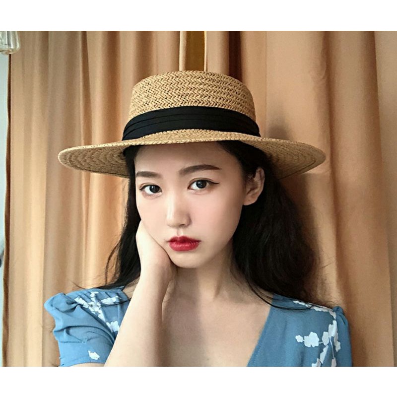 Mũ cói rơm vành phẳng nữ mùa hè phiên bản Hàn Quốc chống nắng UV cho kỳ nghỉ Nón đi biển Paris thời trang hàng đầu Pháp