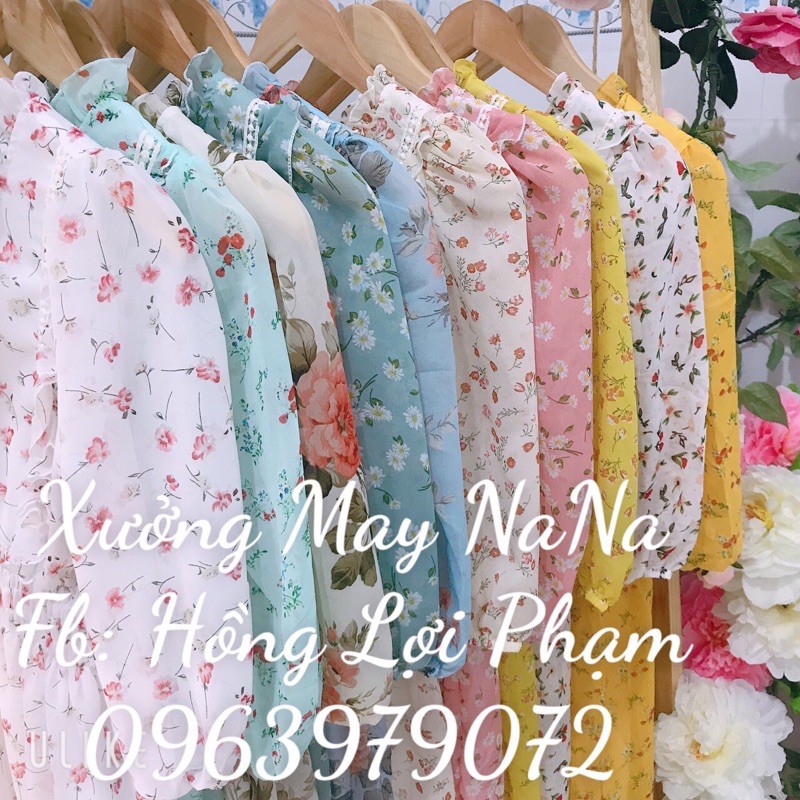 Đầm hoa nhí tay phồng tiểu thư viền ren