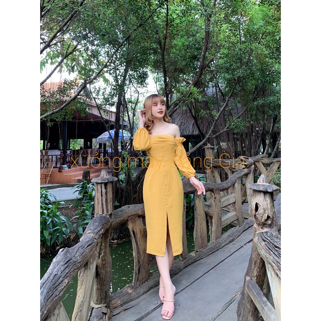 Đầm tay phồng sếp ly ngực sang chảnh, đầm dự tiệc xẻ tà xếp ly ngực DG 4257