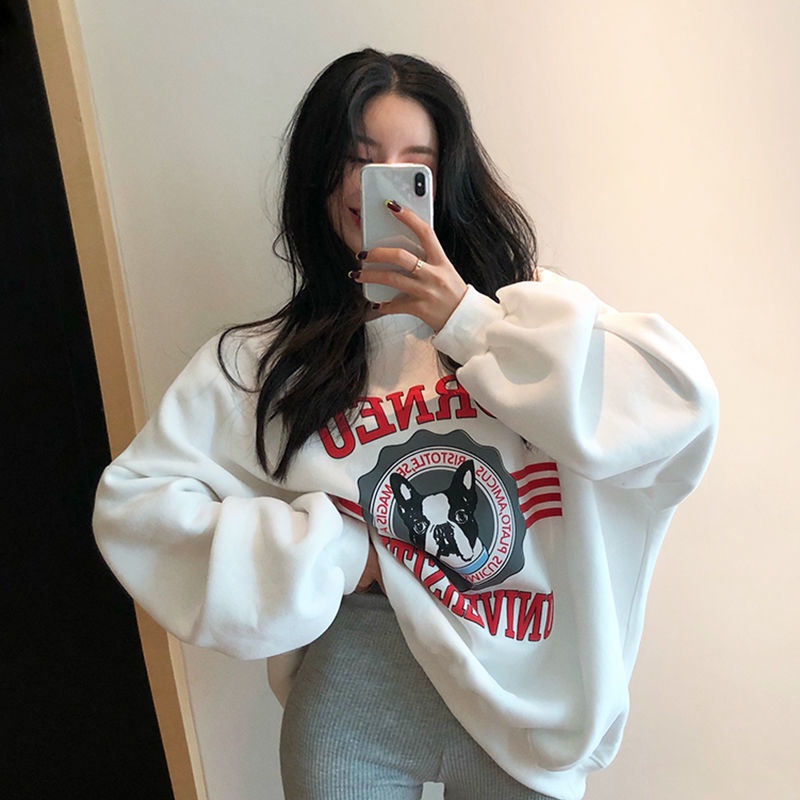 Porozi  Áo sweater tay dài dáng rộng in họa tiết phong cách Hàn Quốc cho nữ