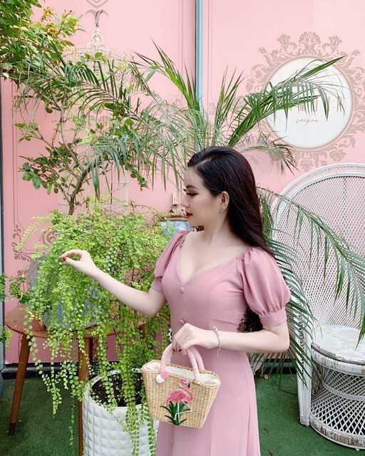 Đầm Cổ V 8 Mảnh Nút Bọc dáng xòe xt