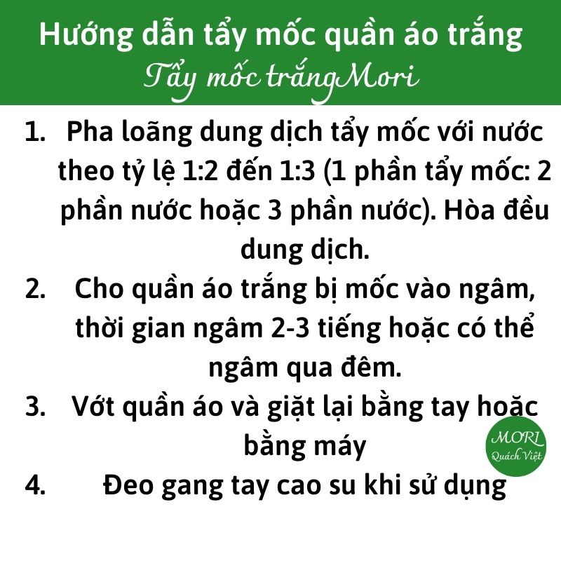 Tẩy mốc quần áo trắng mori, tẩy mốc, tẩy vết ố vàng, tẩy thâm kim trên quần áo trắng, chai 500ml, quachviet208