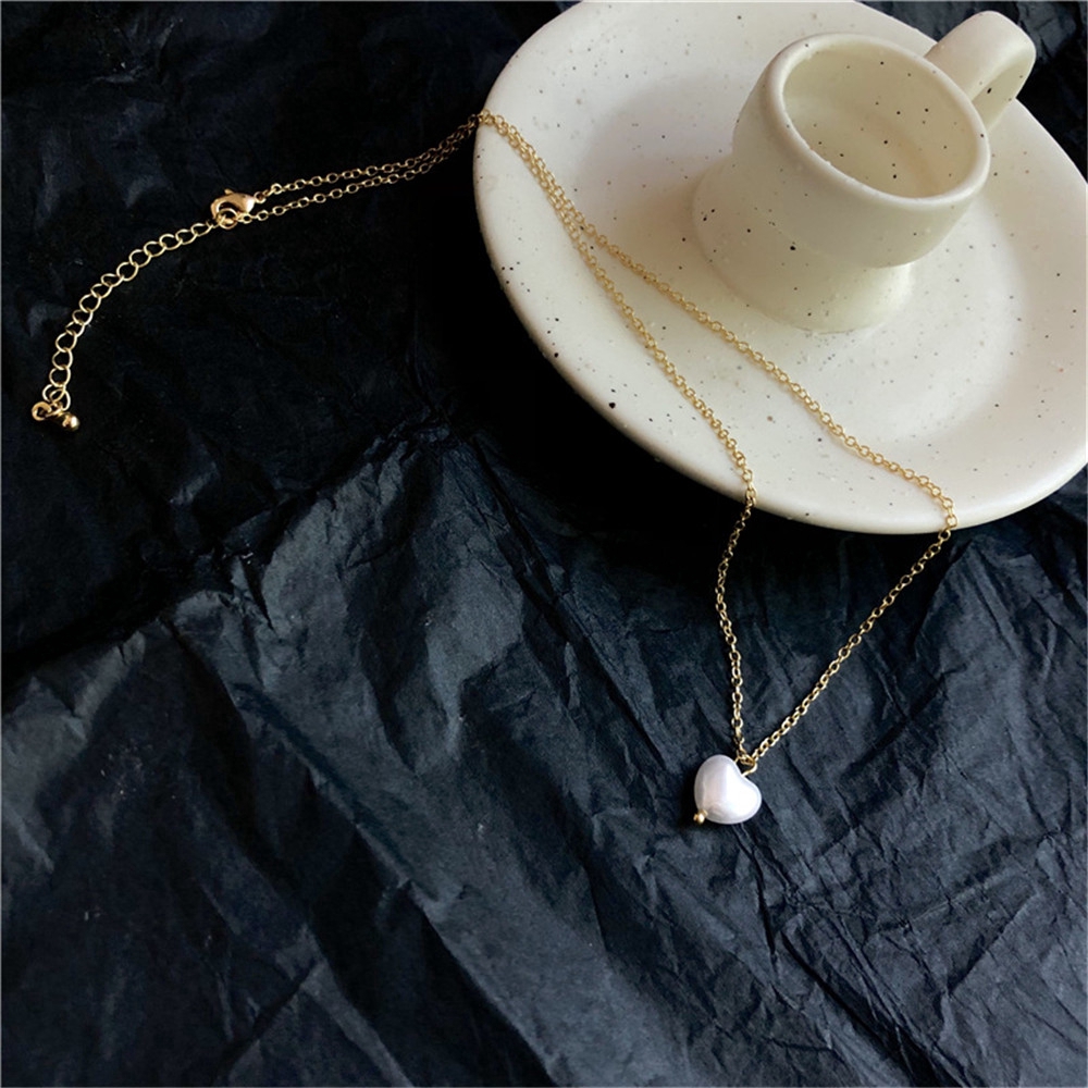 Dây Chuyền Mặt Trái Tim Đính Ngọc Trai Nhân Tạo Phong Cách Hàn Quốc Love Pendant Chain Necklaces