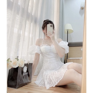 Váy ren cúp tay bồng dây cổ trắng