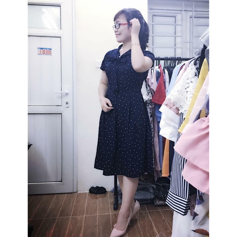 Đầm xòe cổ nơ chấm bi CC27 cao cấp | BigBuy360 - bigbuy360.vn