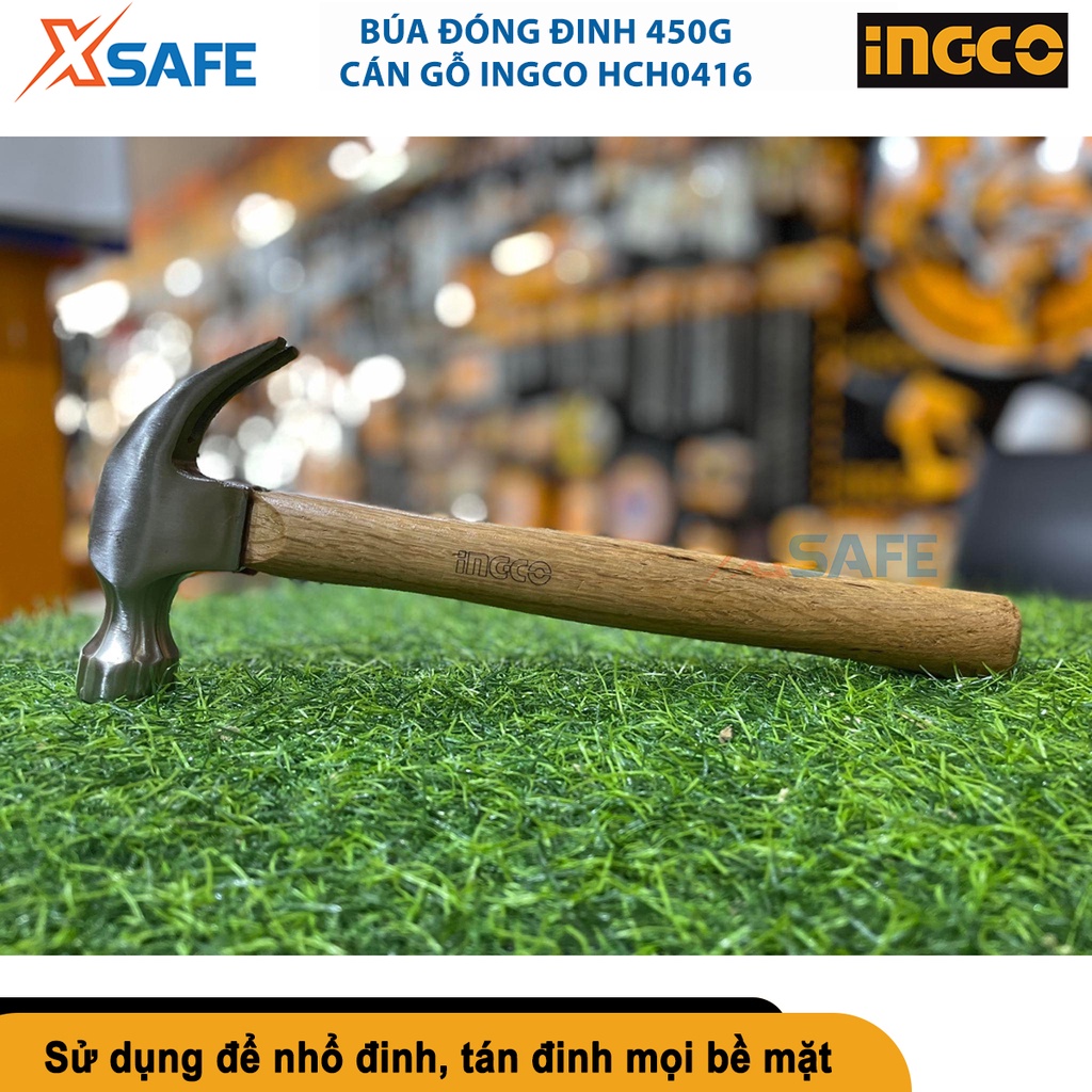 Búa nhổ đinh cán gỗ INGCO HCH0416 trọng lượng 16oz/450g, tay cầm gỗ cứng, đầu búa thép cacbon 45  [chính hãng][xsafe]