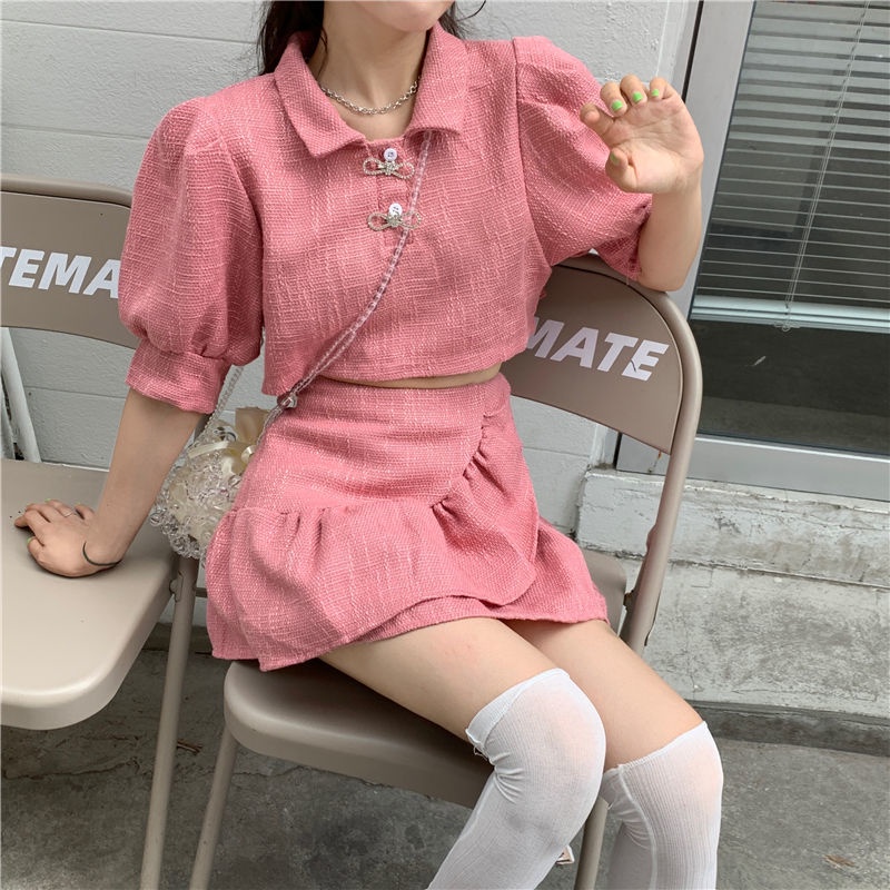 AMOI Set Áo Tay Phồng Kẻ Sọc Ca Rô Phối Chân Váy Xếp Ly Thời Trang 2022 Dễ Thương Cho Nữ