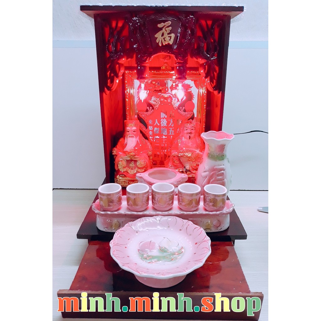 Combo đồ thờ cúng màu hồng: bàn thờ 30cm hộc kéo, tài địa,...+ khuyến mãi