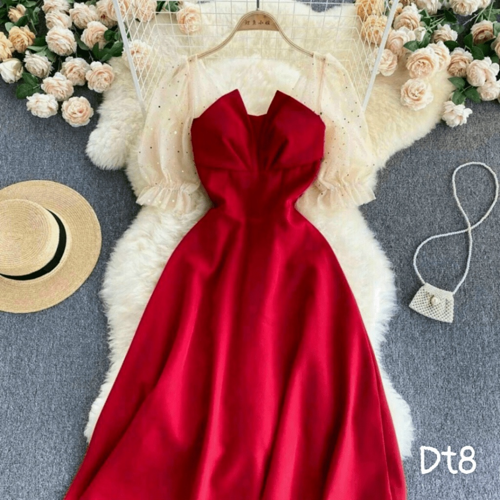 (MẪU MỚI) FREE SHIP ĐẦM XÒE TAY LƯỚI NGỰC XẾP DỰ TIỆC XINH XẮN HHP FASHION