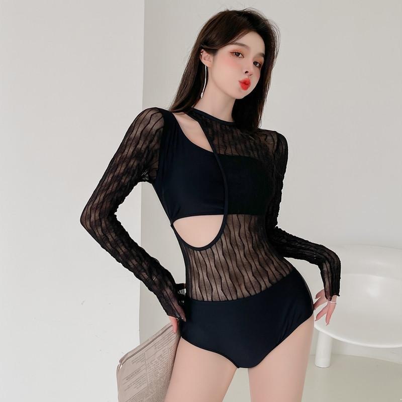 Bộ Đồ Bơi Một Mảnh Tay Dài Phối Ren Màu Đen Phong Cách Hàn Quốc Quyến Rũ Cho Nữ