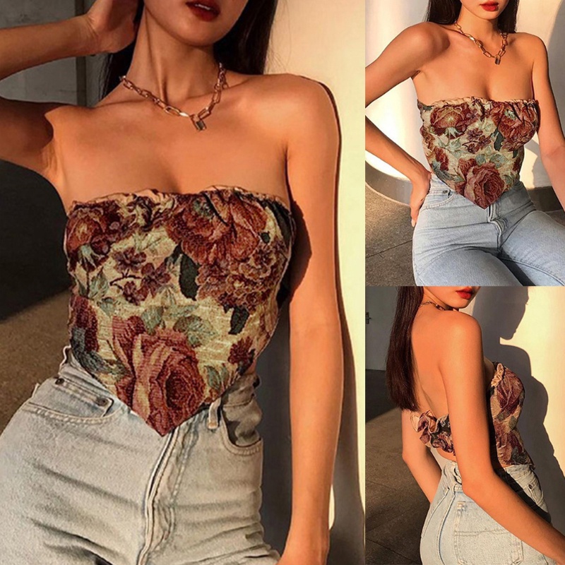 Áo ống không tay hở lưng họa tiết hoa hồng phong cách vintage gợi cảm cho nữ