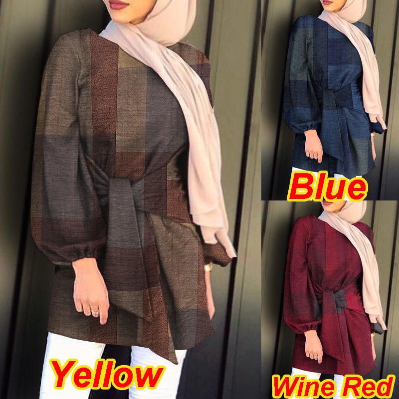 Áo ZANZEA Tay Phồng Họa Tiết Ca Rô Phong Cách Hồi Giáo Thời Trang Nữ