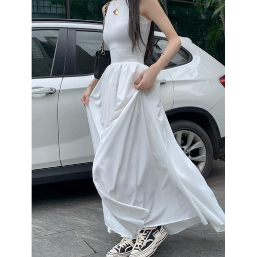 Honypove Đầm Dài Dáng Chữ a Không Tay Cổ Tròn Màu Trắng Phong Cách Thời Trang Mùa Hè Mới Dành Cho Nữ