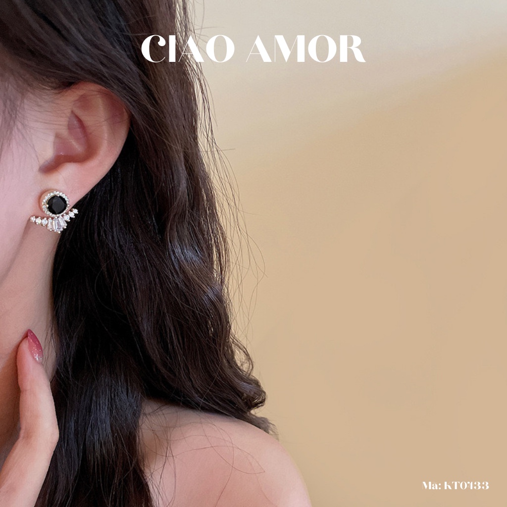 KT0433-Khuyên tai nữ, Bông tai nữ bạc 925 hạt đen đính hai cạnh đá lấp lánh sang trọng
