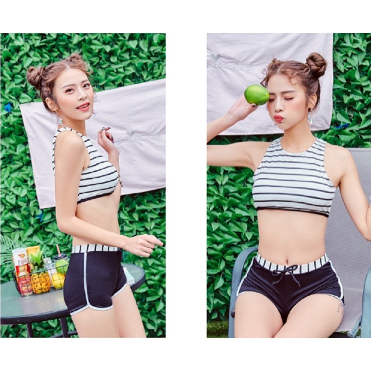 Bộ đồ bơi dáng thế thao áo kiểu cổ yếm họa tiết sọc phối quần trơn siêu cute | BigBuy360 - bigbuy360.vn
